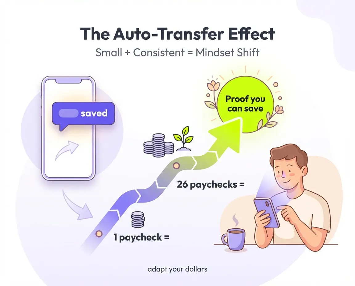 Visual showing how a $25 automatic transfer becomes $650 in savings and creates a powerful mindset shift