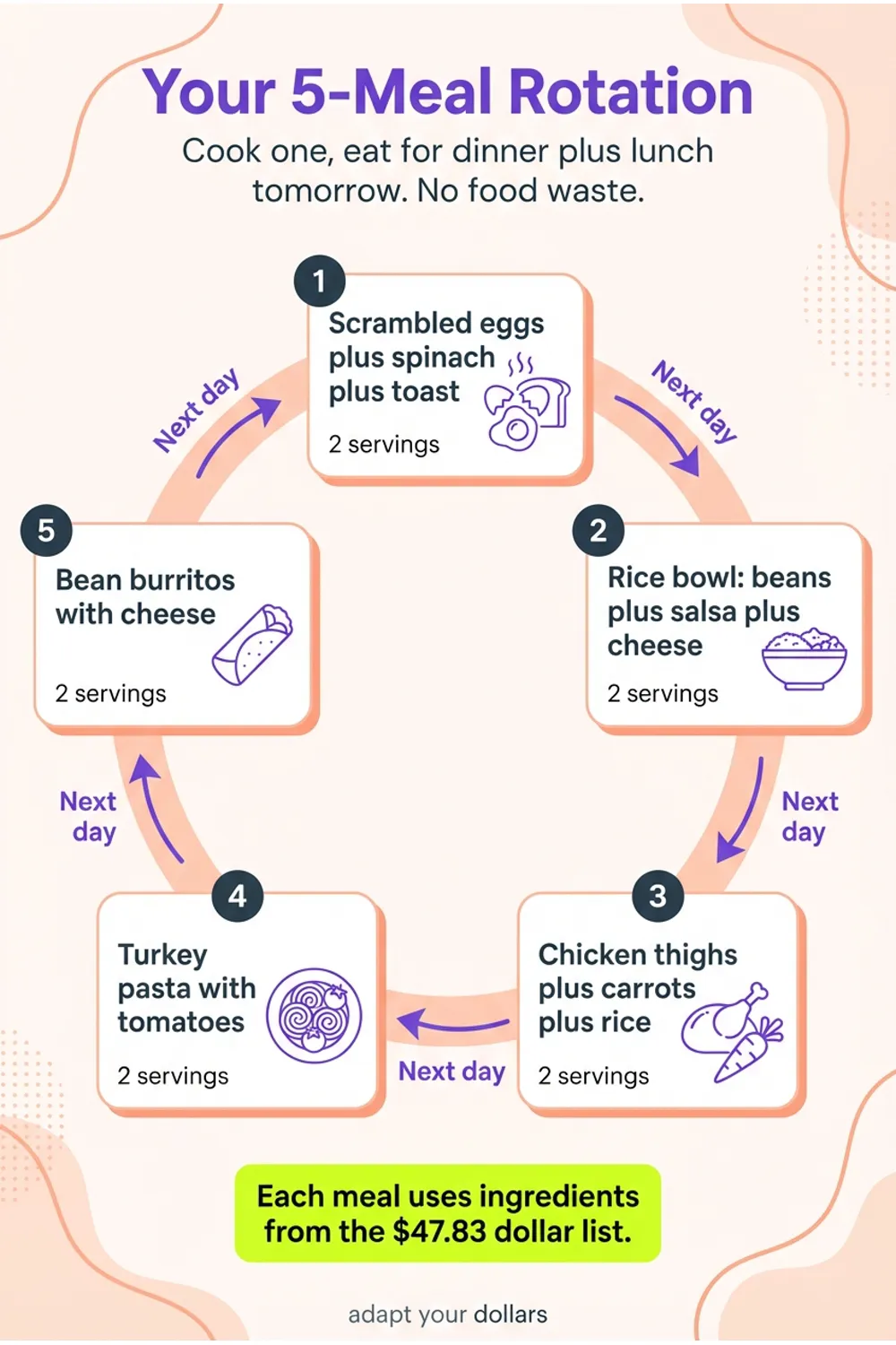 5-Meal Rotation System - cook one, eat for dinner plus lunch tomorrow