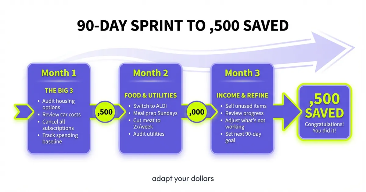 Your 90-day extreme frugality sprint: Month 1 tackles housing, car, subscriptions; Month 2 handles food and utilities; Month 3 is for income and refinement