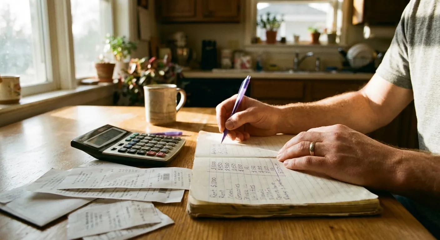 Working on budget spreadsheet with calculator and notes at kitchen table