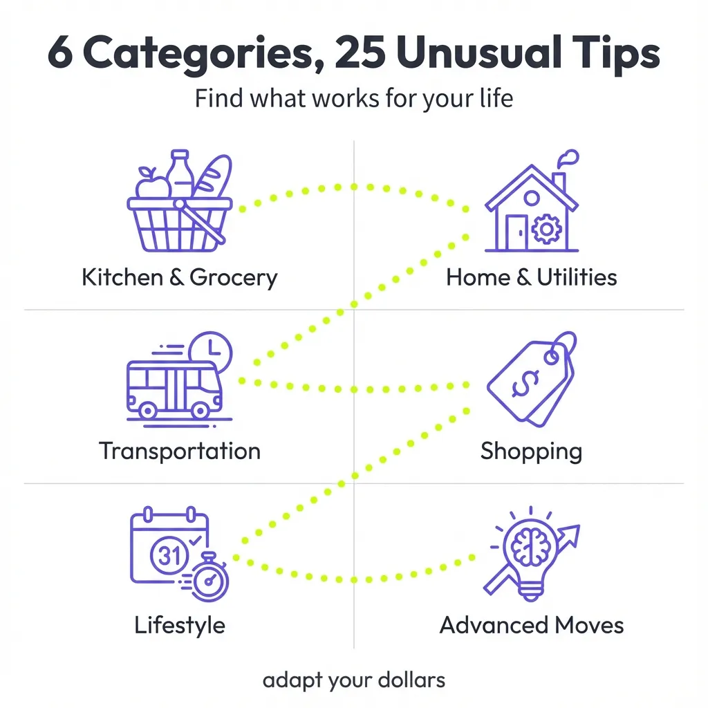 Six categories of unusual frugal tips covering kitchen, home, transportation, shopping, lifestyle and advanced strategies