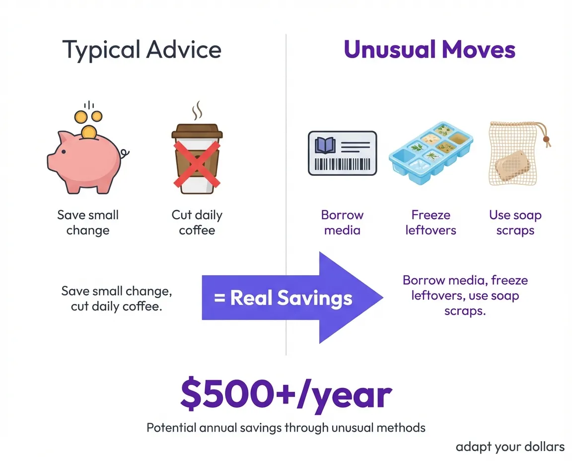 Conventional advice vs unusual frugal moves showing real savings potential