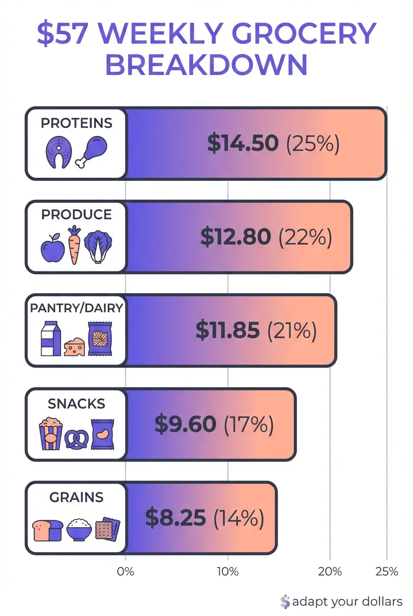 Breakdown of $57 weekly grocery budget: Proteins $14.50 (25%), Produce $12.80 (22%), Pantry/Dairy $11.85 (21%), Snacks $9.60 (17%), Grains $8.25 (14%)