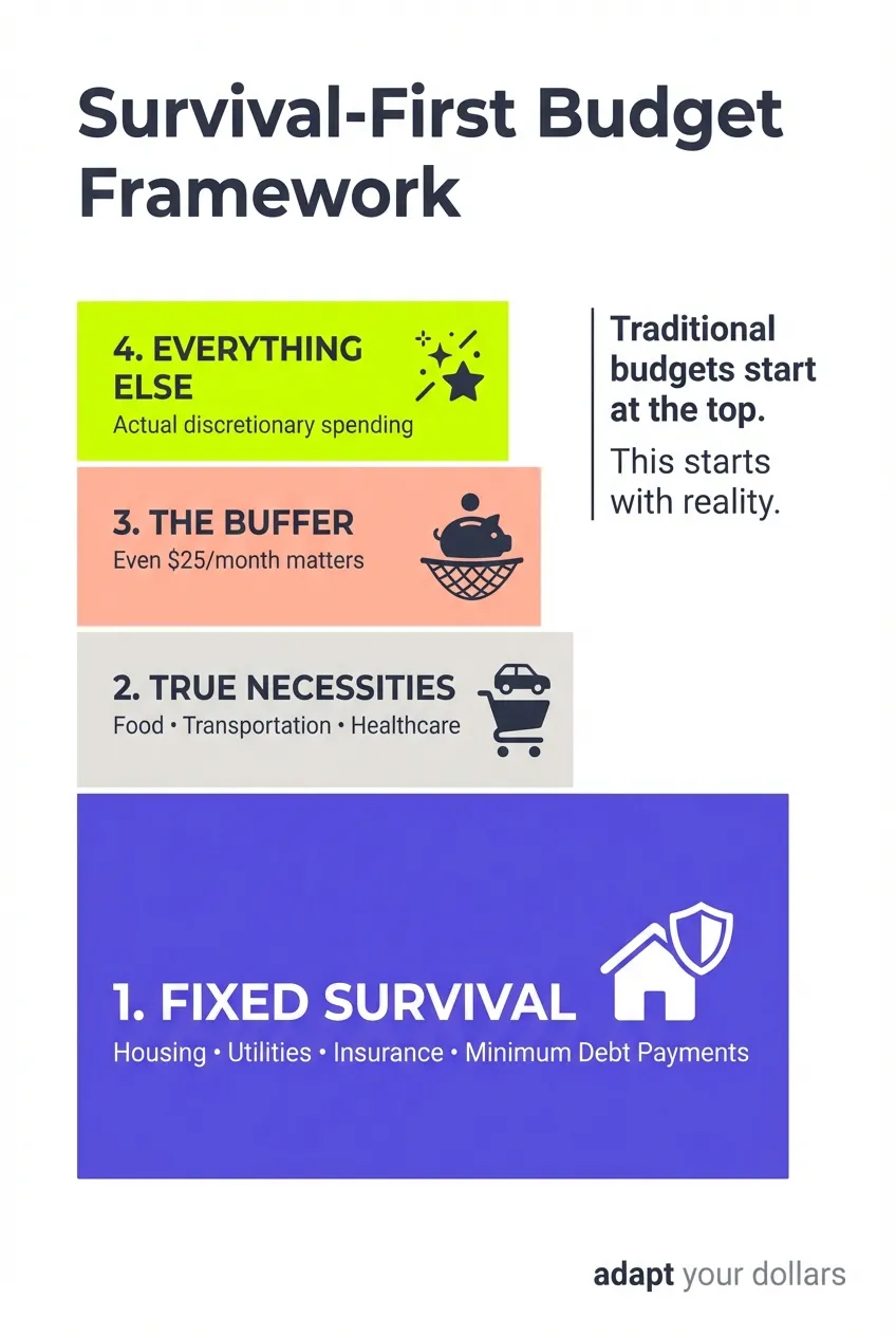 The Survival-First Budget Framework - four-tier priority system from fixed survival costs to discretionary spending